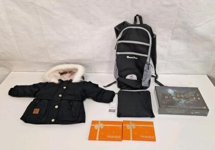 (1) London Fog Supply - Toddler Girls Heavyweight Parka, Size 12M, (1) Day Pack W/ Storage Bag, (2) Hot Dot USB Rechargeable Hand Warmers & (1) 1000-Piece Puzzle