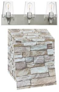 (2) Euron 3-Light Bathroom Light Fixtures, (Silver) & (2) Packs Of (40) Peel & Stick Textured Brick Wallpaper