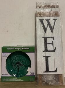 Glitzhome Welcome Sign with 4 Interchangeable Floral Wreaths And Ceramic Hanging Birdbath