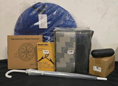 Outdoor Bundle- Pool Float Net Cover, Decorative Hose Hanger, Reversible Outdoor Rug, Extension Cord Protectors And More