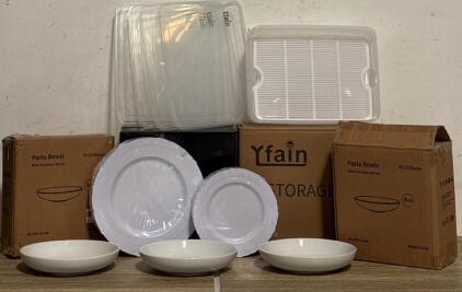 Kitchen Lot: (6) 8&rdquo; Pasta Bowls White Porcelain, (30) Plastic Reusable Dinner And Desert Plates, (4) Plastic Storage Containers with Lids