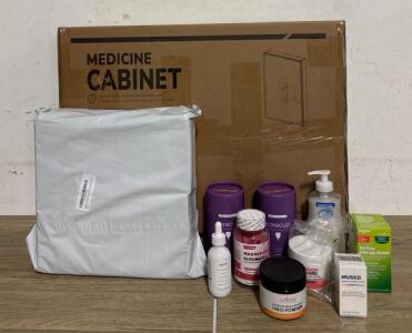 Bathroom Accessories Lot: Medacine Cabinet, (6) Bags of 4&rdquo;x4&rdquo; gauze squares and Variius Health Products