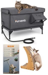 Outdoor Weatherproof Insulated Cat House, Cat Scratcher & Pet Hair Brush