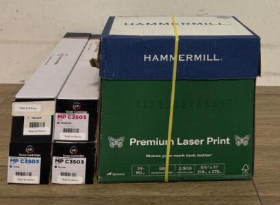 Office Supplies: Yellow, Magenta, Cyan and Black Ink Toner Cartridges Compatible with Rioche And 2500 Sheets of 8.5&rdquo;x11&rdquo; Premium Laser Print Paper