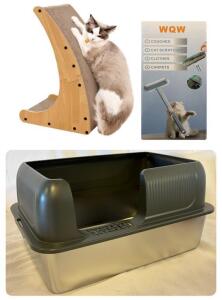 (2) Stainless Steel Cat Literboxes, Standing Cat Scratcher & Pet Hair Brush