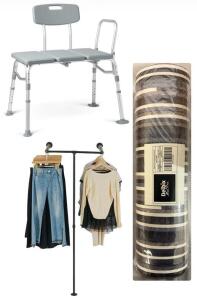 Medline Adjustable Transfer Benche For Bathtub/Shower, Pipe Wall Mount Clothing Rack & Memory Foam Floor Mat
