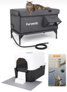 Outdoor Weatherproof Insulated Cat House, Foldable Litter Box & Pet Hair Brush