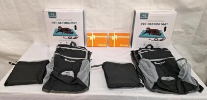 (2) Day Packs W/ Storage Bags, (2) Hot Dot USB Rechargeable Hand Warmers & (2) 24" x 35" Electric Pet Heating Mats