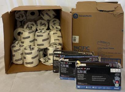 Box Of Grainger Toilet Paper, Box Of Facial Tissue (3,000 Sheets) & (3) Boxes Latex Gloves