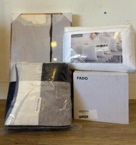 Home Decor Lot Including 2&rsquo;x10&rsquo; Carpet Runner, 3 Piece Framed Wall Art, IKEA Table Lamp and 2 Throw Pillows