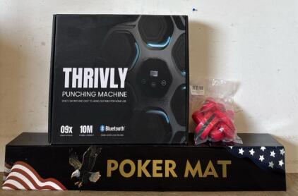 Man Cave Lot: Poker Mat, Thrivly Punching Machine and Air Hockey Accessories Set