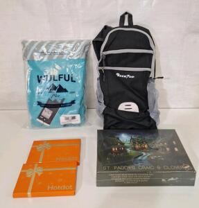 (1) Pair Of WULFUL - Kids Waterproof Ski Bibs, Size 10-12, (1) Day Pack W/ Storage Bag, (2) Hot Dot USB Rechargeable Hand Warmers & (1) 1000-Piece Puzzle