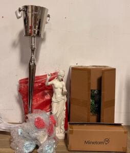 Wedding Lot: Stainless Steel Champagne Bucket with Stand, Catholic Statue, 2 Decorative Fake Greenery Bushes, 3 Bags of Tissue Paper, White Backdrop with Frame, And (20) Reflective Rose Yard Stakes