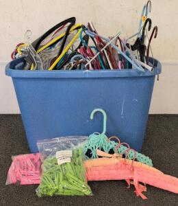 Large Lot of Mixed Hangers & Clothespins &ndash; ~60 Assorted Hangers, 120 Plastic Pegs, Tote Included