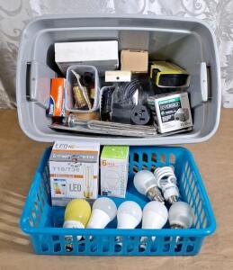 (10+) LED Light Bulbs & (1) Tote Of Assorted Household Hardware