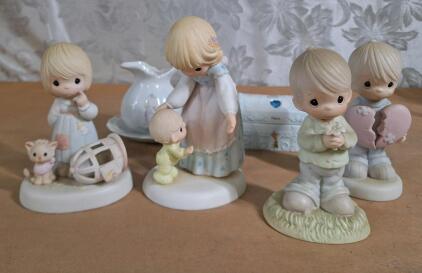 (6) Precious Moments Ceramic Collectibles, (4) Figurines, (1) Box W/ Lid & (1) Cup & Saucer
