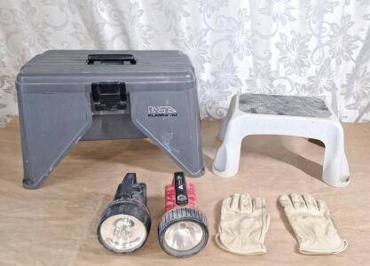 (2) Step Stools, (2) 9V Electric Flashlights & (1) Pair Of Leather Work Gloves, Large