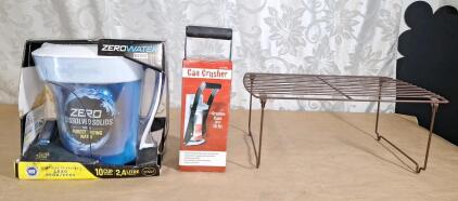 (1) Zero Water 5 Stage Advanced Filtration Pitcher, 10-Cups, (1) Can Crusher & (1) Wire Rack, 17"L x 11"W x 7"T