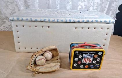 (1) Wilson Baseball Mitt, (1) Vintage Thermos Metal NFL Lunchbox, (1) Toy Box 32"L x 16"W x 13"T & More