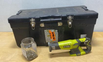 Ryobi 18V Cordless Reciprocating Saw ( Unable to Test ) with Black Plastic Storage Bin and Jar of Screws