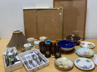 Vintage Mixed Lot - Floral Plates, Bowls, Mugs, Cutlery, Lamp Shade, Large Picture Frames and More