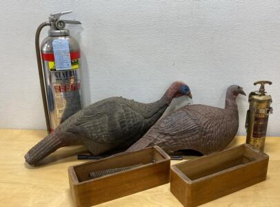 Vintage General Fire Extinguishers, 2 Turkey Decoys, Wooden Boxes/Tools Mixed Lot