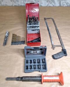 (1) Remington Powder Activated Tool, (1) Ingersoll Rand 10-Piece 1/4" SAE & Metric Popular Socket Set, (1) Hacksaw & Assorted Drillbits
