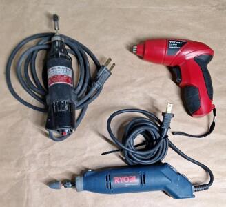 (1) Ryobi Variable Speed Rotary Tool, (1) Dremel Single Speed Moto-Tool, Model 245 & (1) Hyper Tough Cordless Bit Driver, W/O Charger