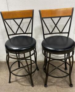 Pair of Metal Bar Stools with Swivel Black Seats, Wood Backrest, and Footrest 38&rdquo; Tall