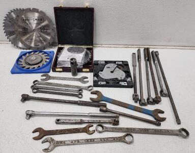 Assorted Sawblades And Wrenches