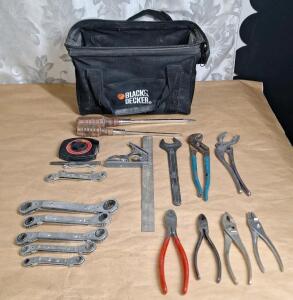 (1) Black & Decker Soft Tool Bag, (1) Blue Point 5-Piece Metric Ratchet Wrench Set & Assorted Hand Tools
