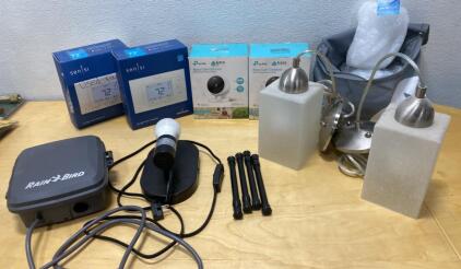 Emerson Sensi Thermostat, TP-Link Kasa Outdoor Cams, Rain Bird Sprinkler Controller Bundle- Lights