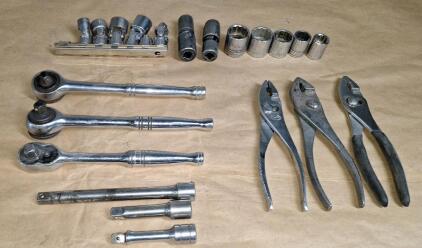 (3) 3/8" Drive Ratchets, (3) Extensions, Assorted Sockets & (3) Pairs Of Pliers