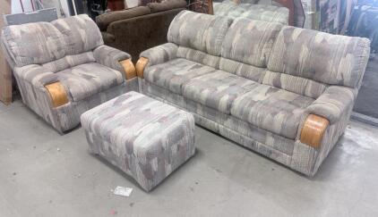 3-Piece Sofa Set: 1980s/90s Patterned Couch, Armchair & Ottoman w/Wood Accents, Pastel Fabric