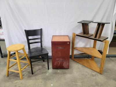 Misc Home Furniture! Including: 2-Drawer Mahogany Vertical Filing Cabinet, Black Chair, Stool, Stereo Stands, & More!