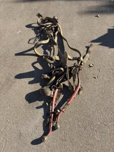Vintage Draft Horse Harness with Painted Red Metal Hames, Brass Balls, Heavy Chain, Large Size