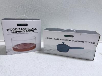servapp&eacute;tit Wood Base Glass Serving Bowl & 2 Quart Cast Aluminum Saucepan with Lid, New in Box