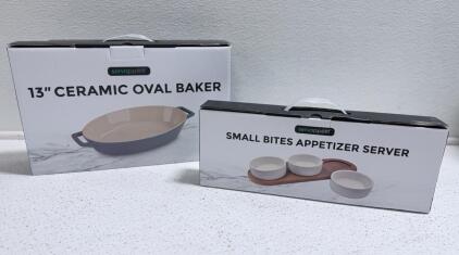Servapp&eacute;tit 13" Ceramic Oval Baker & Small Bites Appetizer Server Set with Box