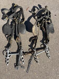 Pair of Horse Driving Bridles with Liverpool Bits and Blinders, Leather, Approx. Horse Size