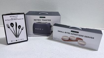 Servapp&eacute;tit SERV Retro Toaster, Black Tie Affair 20pc Flatware Set, Appetizer Server