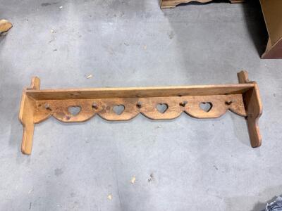 Wooden Wall-Mounted Peg Shelf, 36" Honey Oak, 5 Pegs, Heart Cutout, Country Scalloped Edge