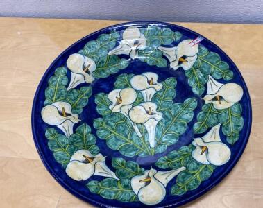 Hand-Painted Calla Lily Ceramic Platter, Blue & Green, 21" Diameter, Mexican Style