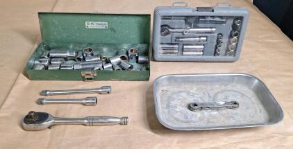 (1) 3/8" Drive Ratchet W/ (2) Extensions & Assorted Sockets, (1) Craftsman 1/4" Drive Ratchet & Socket Set & (1) Magnetic Tray