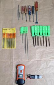 (1) Black & Decker Stud Finder, (1) GB Instruments 120/240 AC Voltage Tester, (1) Mac Tools 7-Piece Torx Bit Driver Set, (1) Mac Tools 5-Piece Small Flathead Screwdriver Set, (1) 11-Piece Needle File Set & Assorted Screwdrivers