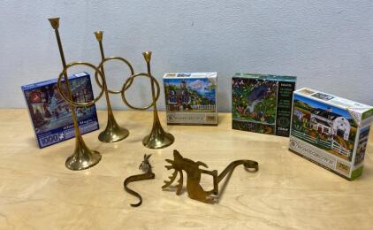 Brass Decorative Horns & 3 Vintage Hardware Pieces + 4 Sealed Jigsaw Puzzles 750&ndash;1000 Pieces