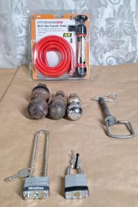 (1) Pittsburgh Multi-Use Transfer Pump, (3) Hitch Balls & (2) Keyed Locks