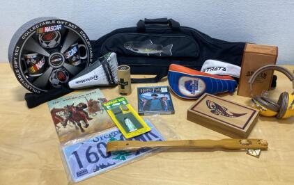 NASCAR Collectable Gift Set, Gilf Club Covers, Harry Potter DVD, Oregon License Plate, Fishing Pole Bag, and Much More