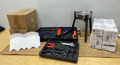 Mixed Lot: HP LaserJet Toner CM3530/CP3525 (4 New), Tool Kits, Metal Stand, Garden Edging (2) Boxes