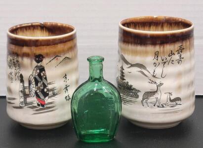 Glassware Lot! Including: (1) Vintage Green Glass Bottle Commemorating Benjamin Franklin, & (2) Japanese Ceramic Teacups