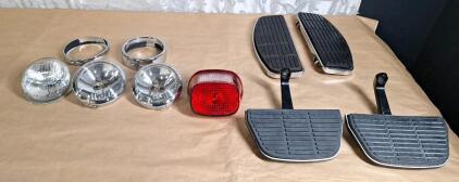 (1) Motorcycle Taillight, (3) Passing Lamp Bulbs, Assorted Trim & (2) Pair Of Foot Rests